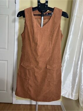 Kancy Kole Women’s Camel Brown Ribbed Sleeveless V-Neck Shift Dress | Size Small